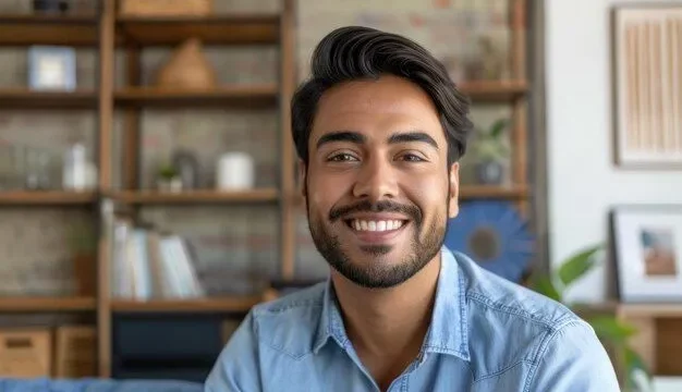 Confident indian hispanic man with toothy smile in modern living room _ Premium AI-generated image